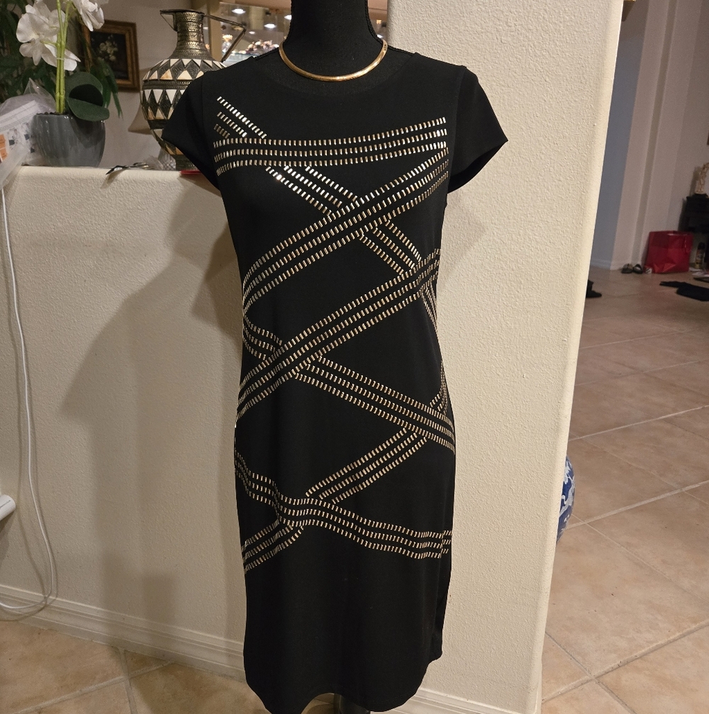 Thalia Sodi Black and Gold Studded Women's Stretch Lined Sheath Dress LIKE NEW - Picture 8 of 10
